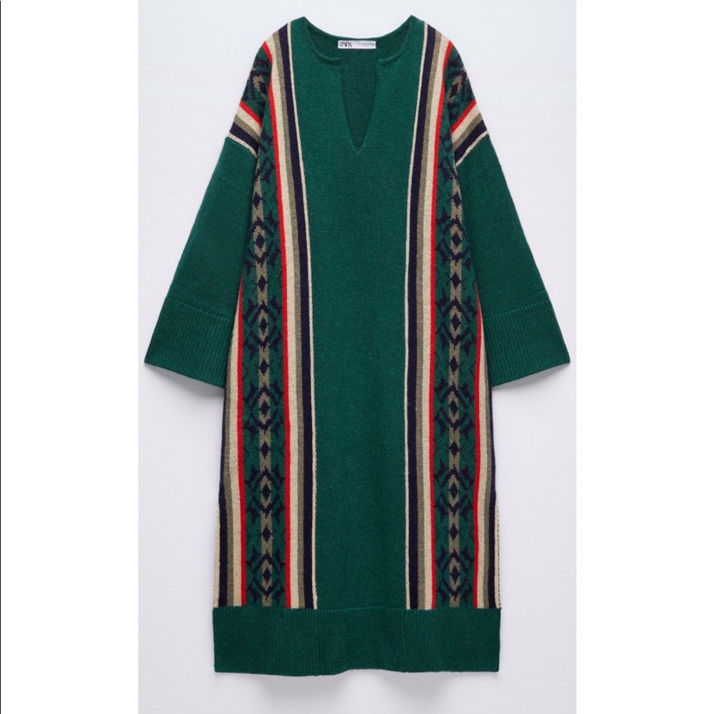 Wool blend green jacquard long tunic sweater - Picture 3 of 15